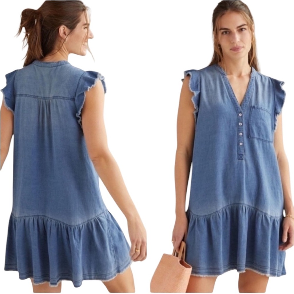Anthropologie Pilcro Flounced Chambray Denim Flutter Sleeve Tunic Mini Dress - S